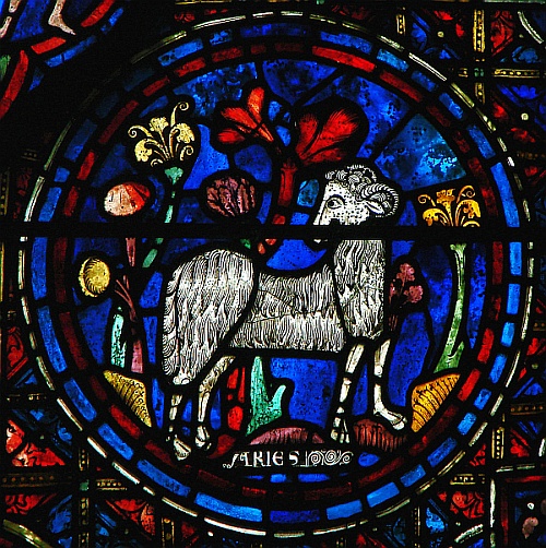 Stained Glass Depiction of Aries in Window at Notre dame de Chartres
