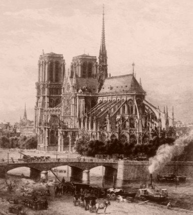  Dame de Paris Nineteenth Century Engraving of Notre Dame from Southeast