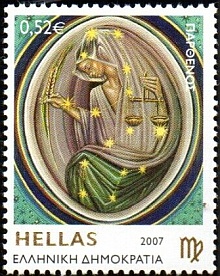 Greek Postage Stamp Depicting the Astrological Sign Virgo