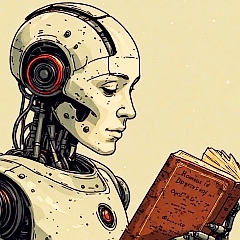 Depiction of an adroid reading Homer